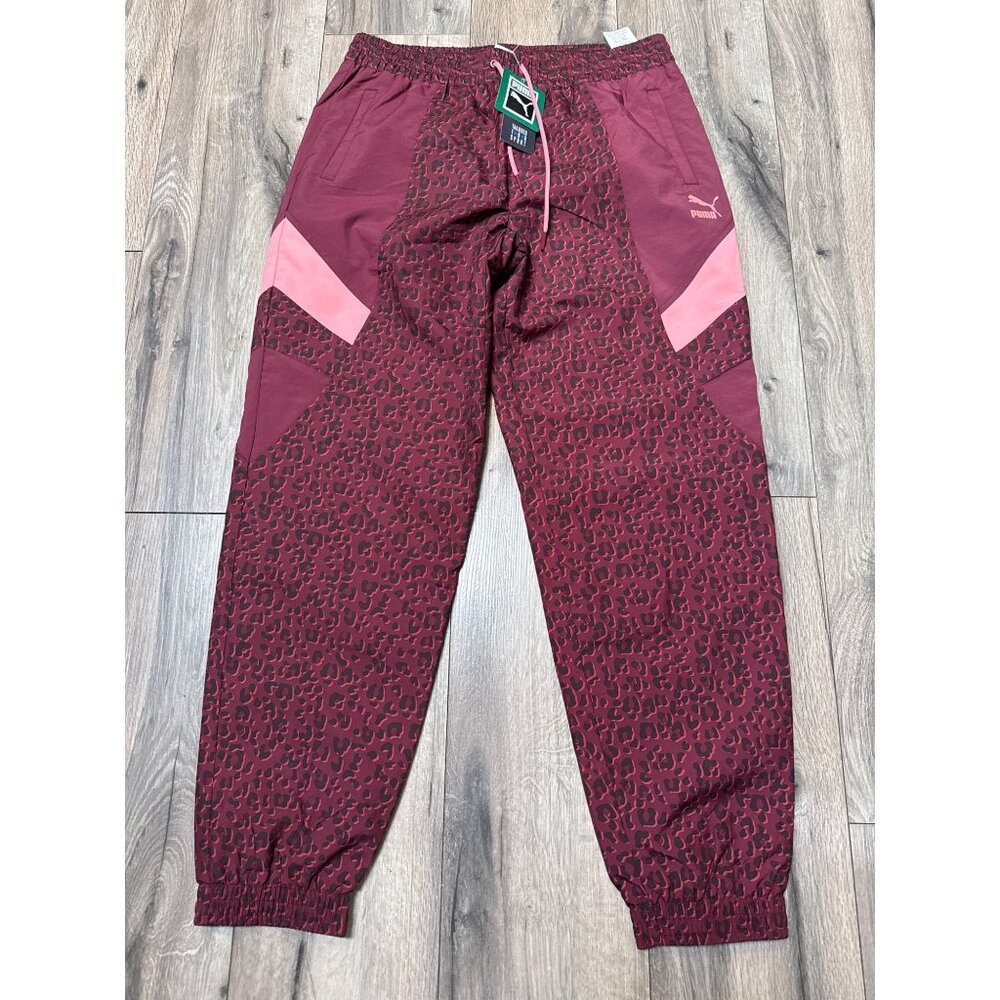 Puma Womens Burgundy Tailored For Sport Track Pants Lg Leopard Print Retro Elast